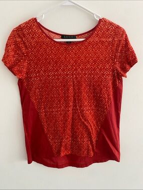 Lauren Ralph Lauren RL Linen Mixed Media Top S/S Geometric Brick Red Orange XS